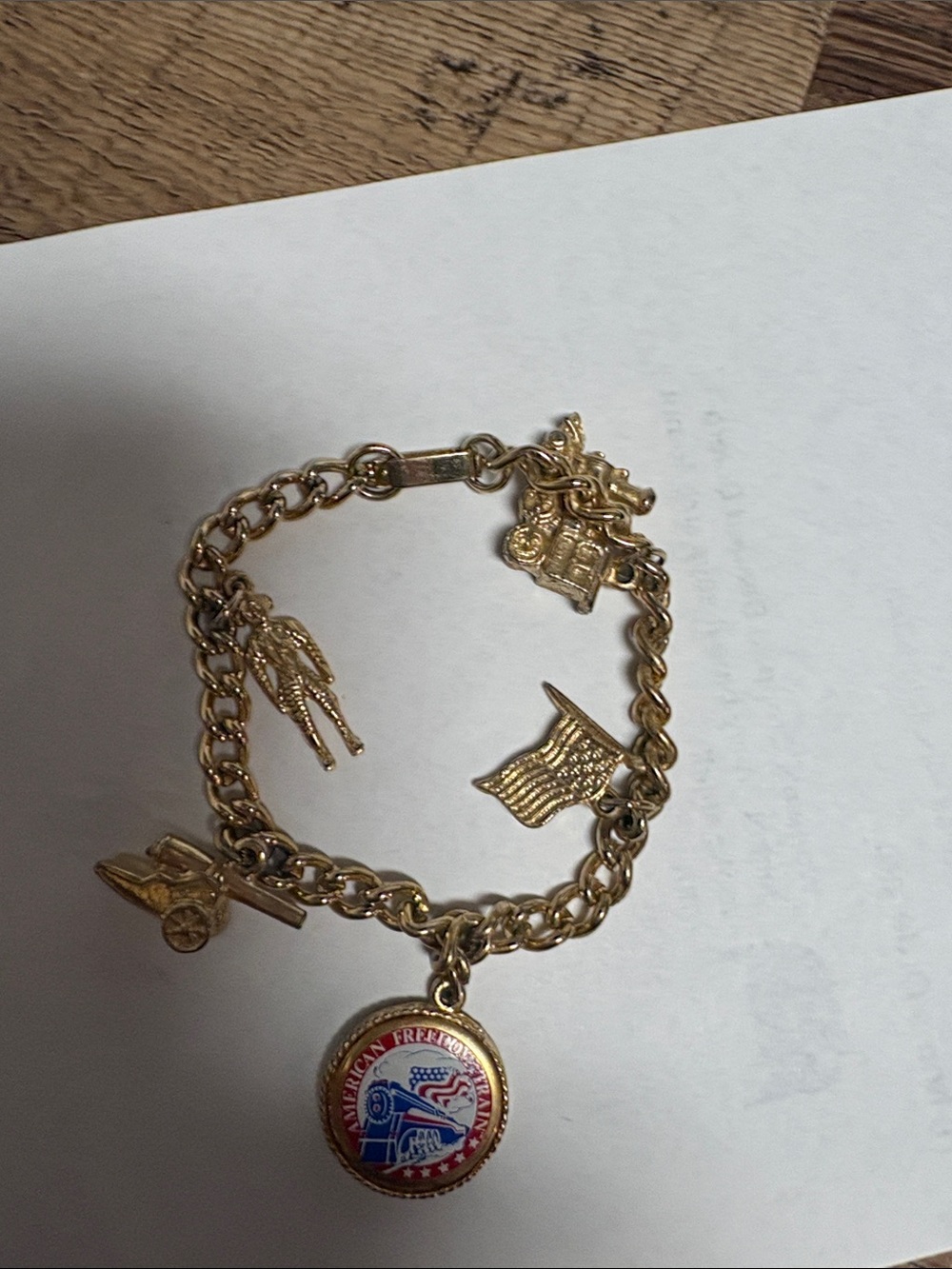 Gold-Tone Americana Charm Bracelet with Red, White & Blue Enamel Medal American